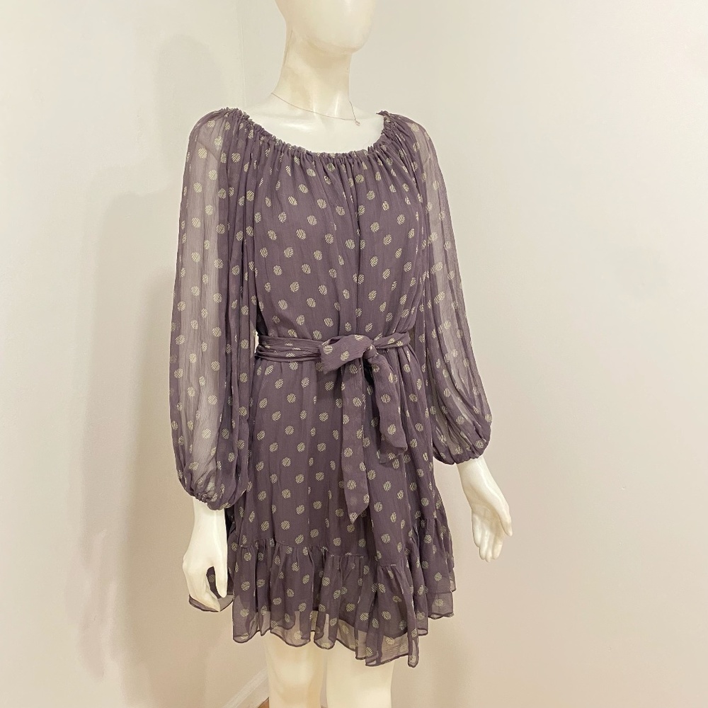 MODA International Gray Polka Dot Silk Chiffon Dress L Large